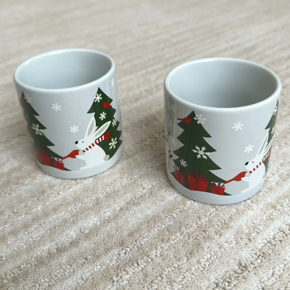2 Crate & Barrel-Joan Anderson-Jolly Trio Child's Mug Christmas Trees/Rabbit/Fox